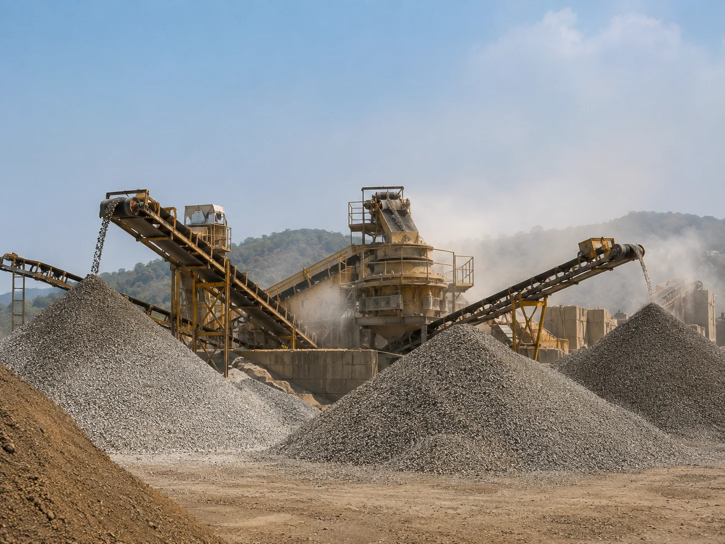 Crusher running, aggregate stockpiles