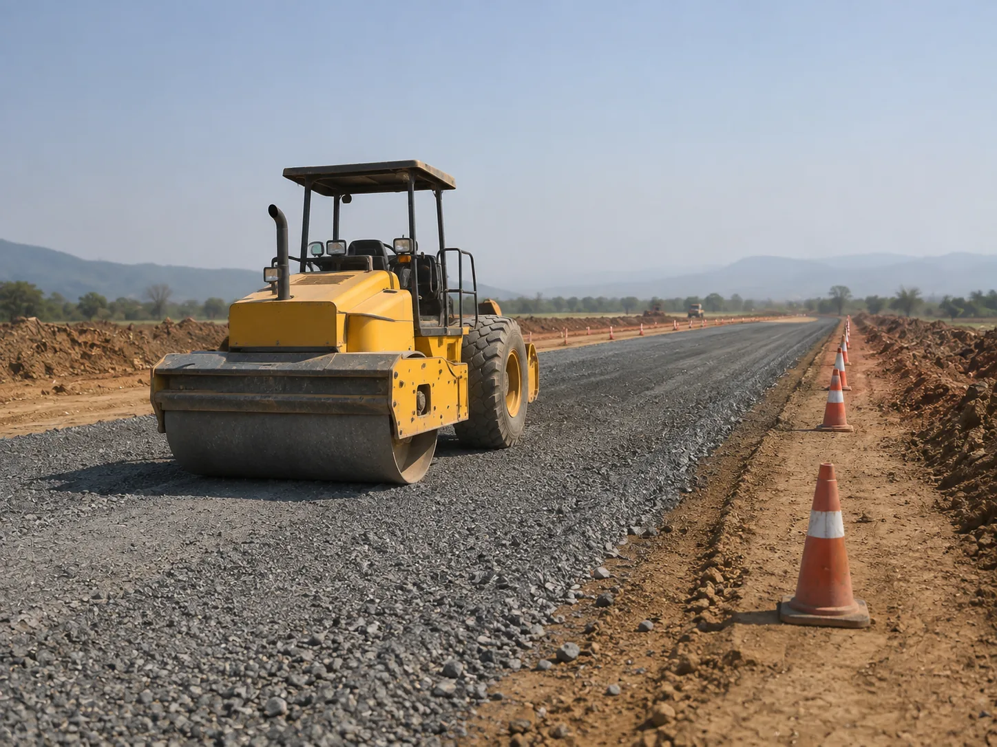 Road formation in progress, roller and graded surface