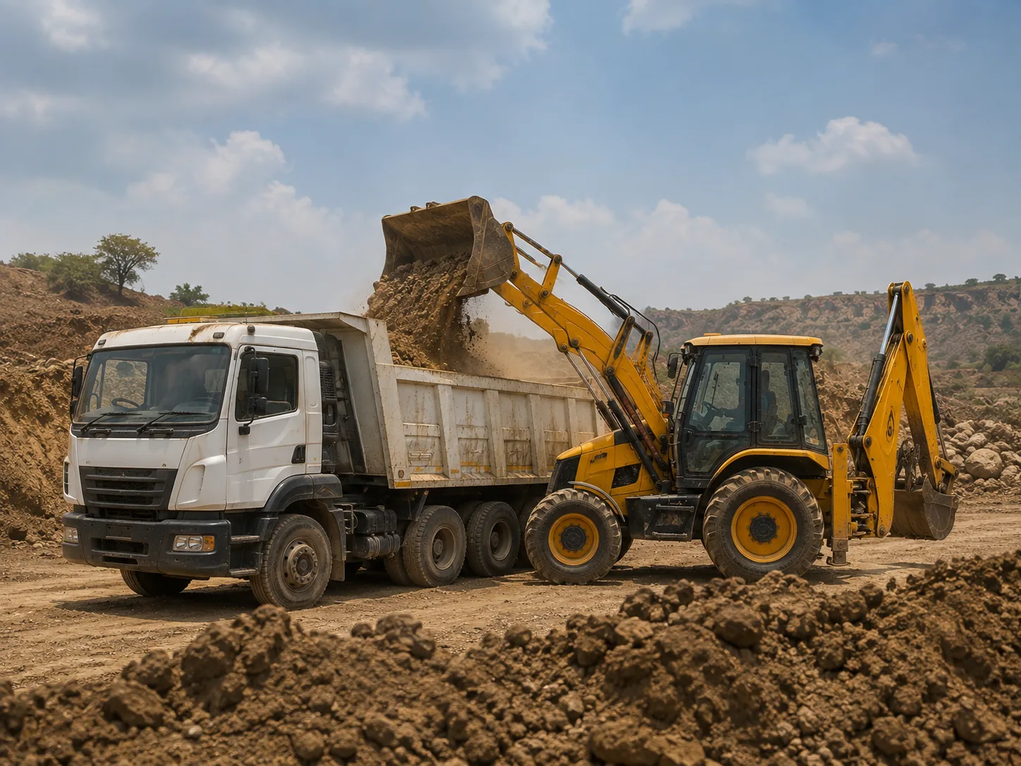 Tipper and JCB working together on site